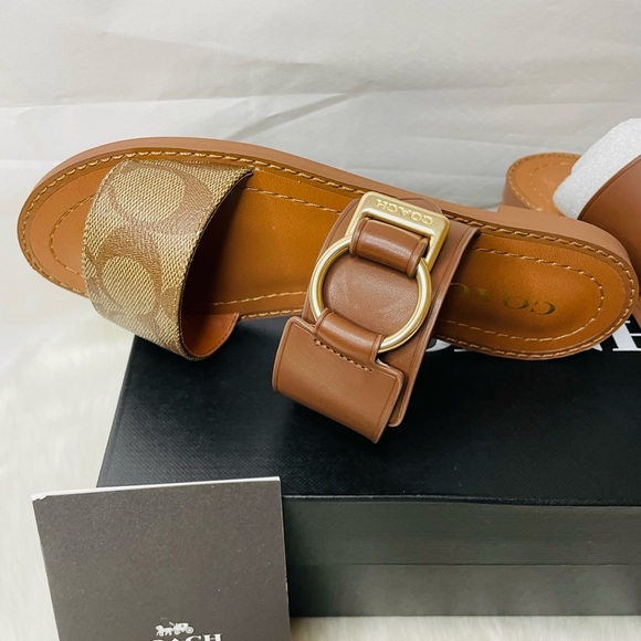 New women Coach Hallie Signature Sandals Khaki leather size 5.5 - Picture 3 of 10
